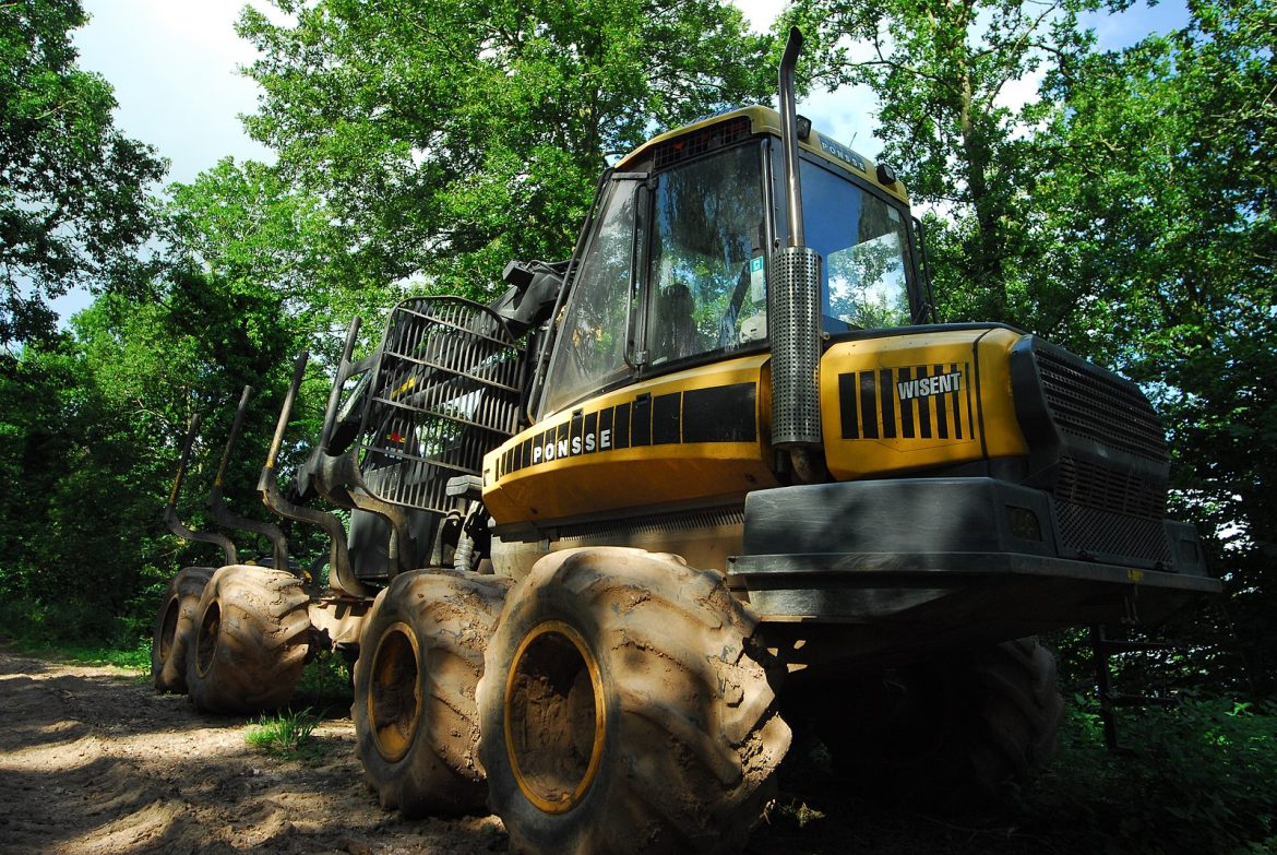 “Forestry machine in Chase Wood” by John Winder, via Wikimedia Commons, licensed under CC BY-SA 2.0.